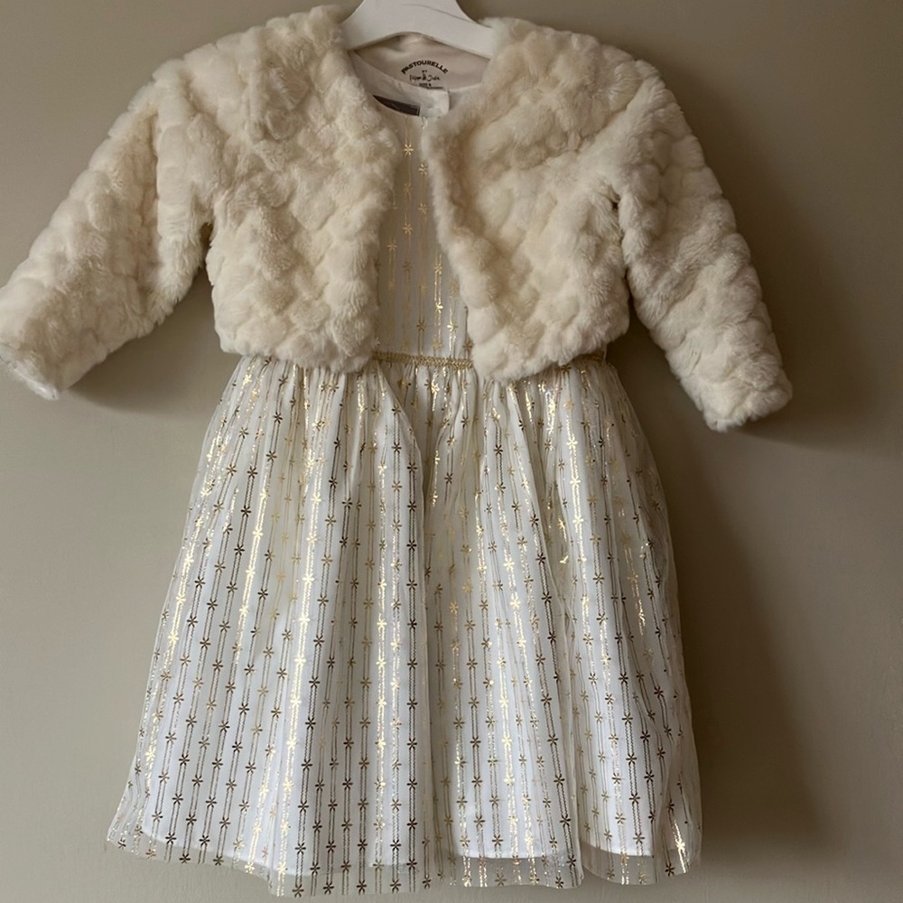 Gold foil dress with fur bolero